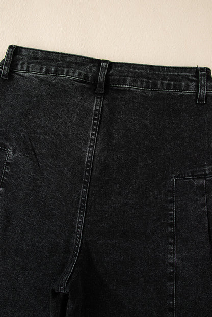 Mineral Wash Pleated Wide Leg Denim Pants