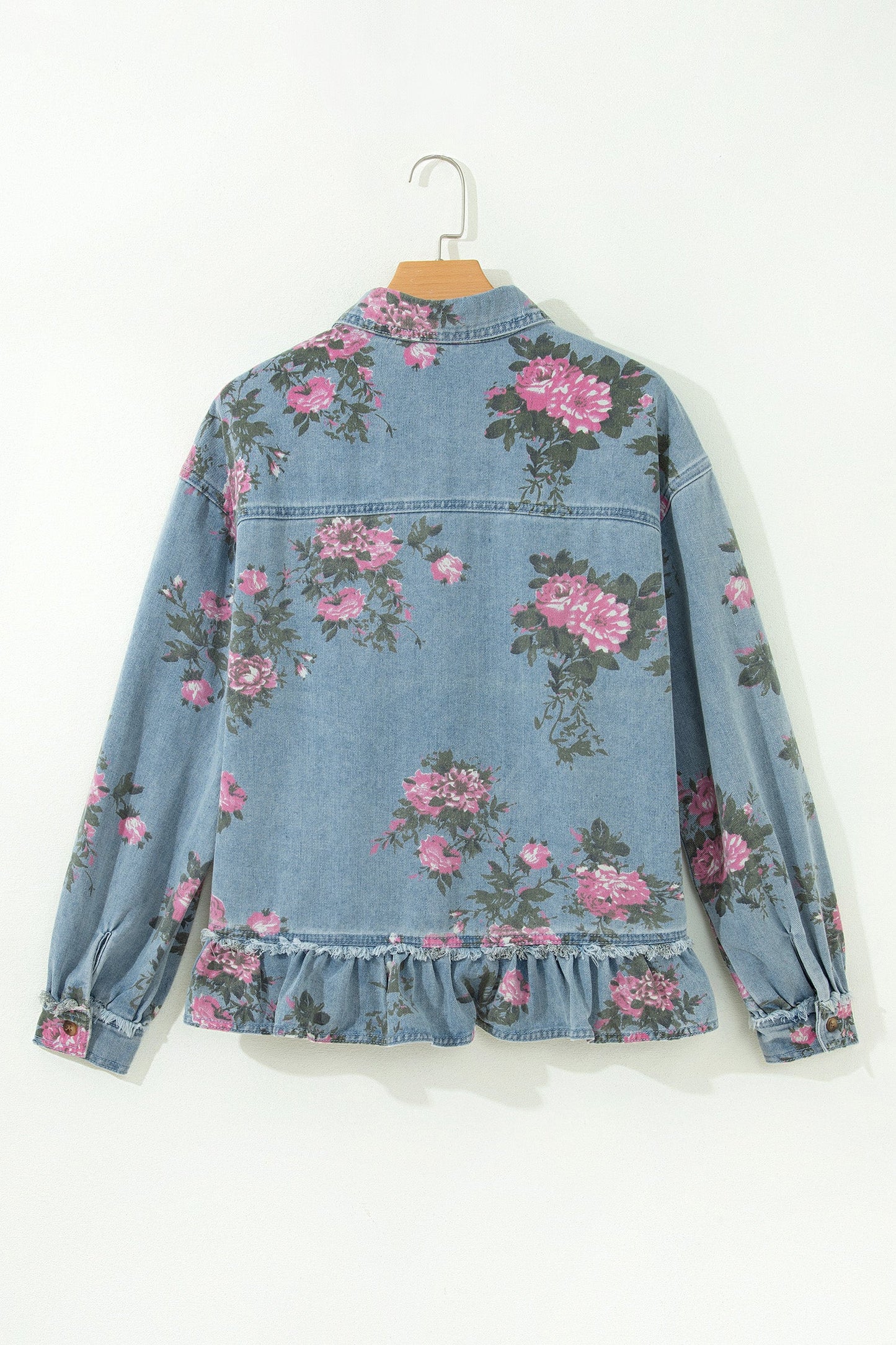 Floral Denim Raw Seam Ruffle Hem Jacket