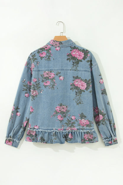 Floral Denim Raw Seam Ruffle Hem Jacket