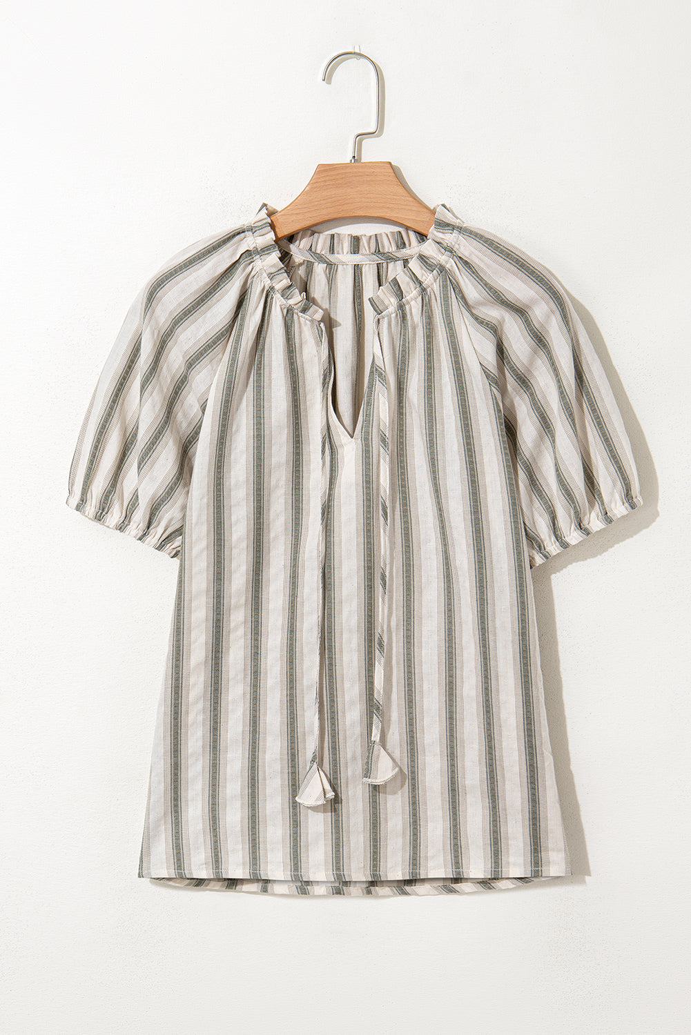 Stripe Frilled Tie-Neck Short Sleeve Blouse