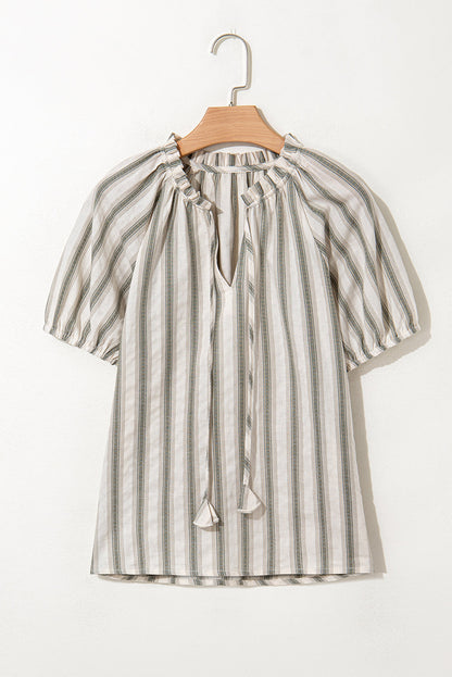 Stripe Frilled Tie-Neck Short Sleeve Blouse