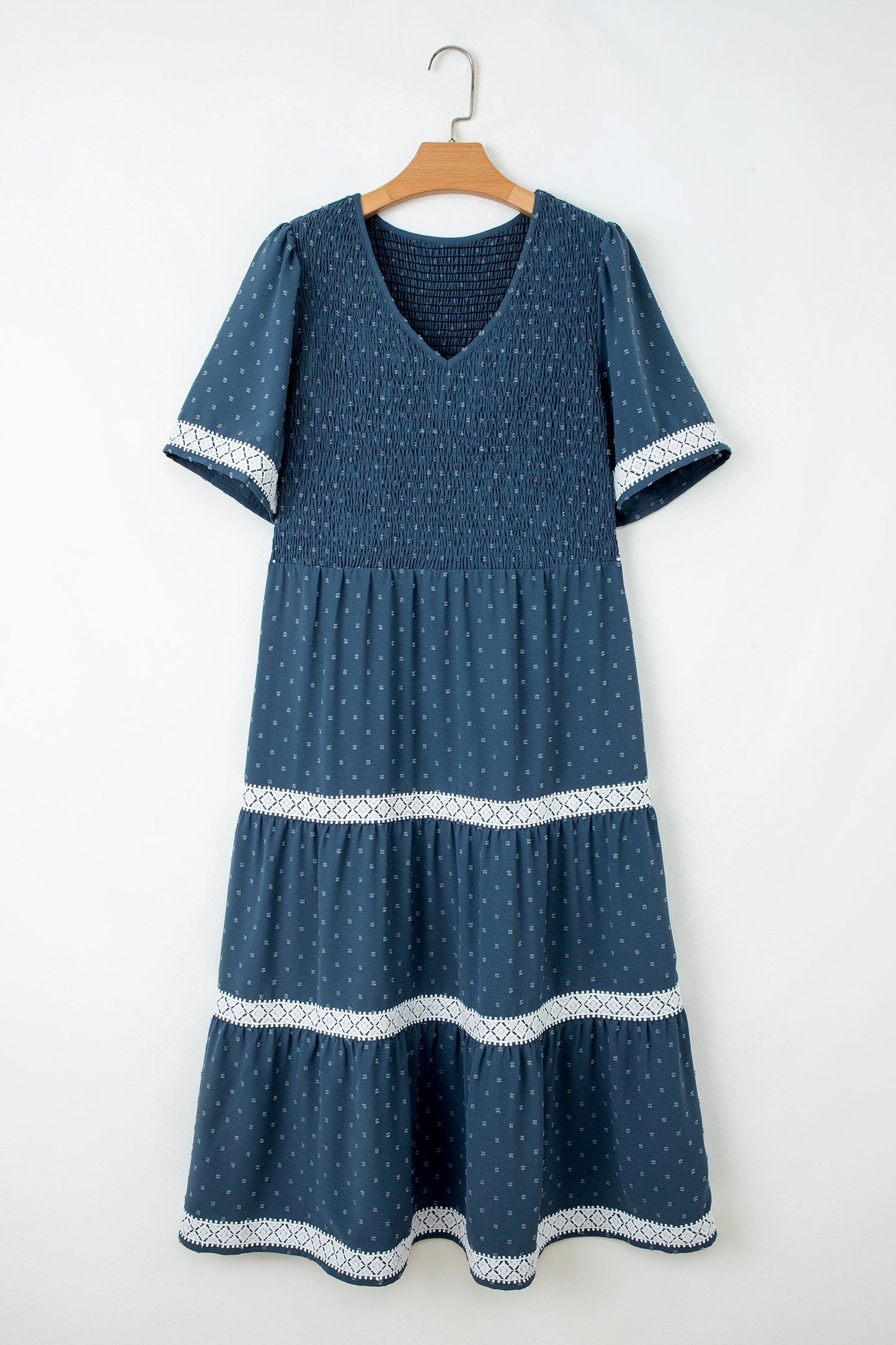 Plus Size Swiss Dot Lace Trim Flared Midi Dress
