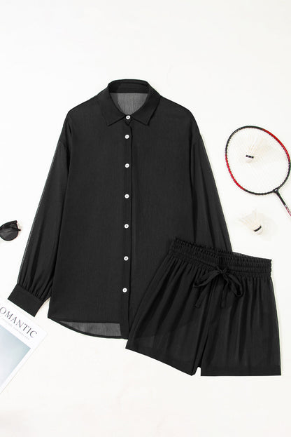 Sheer Tunic Shirt & Drawstring Shorts Cover-Up
