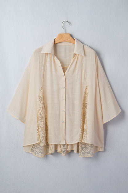 Sheer Lace Patchwork 3/4 Sleeve Flowy Shirt