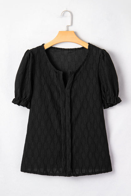 Solid Textured Notch Neck Puff Sleeve Blouse
