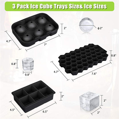 3Pcs/Set BPA Free Reusable Silicone Large Round Sphere + Square + Honeycomb Ice Trays with Lid and Funnel (without FDA Certificate)