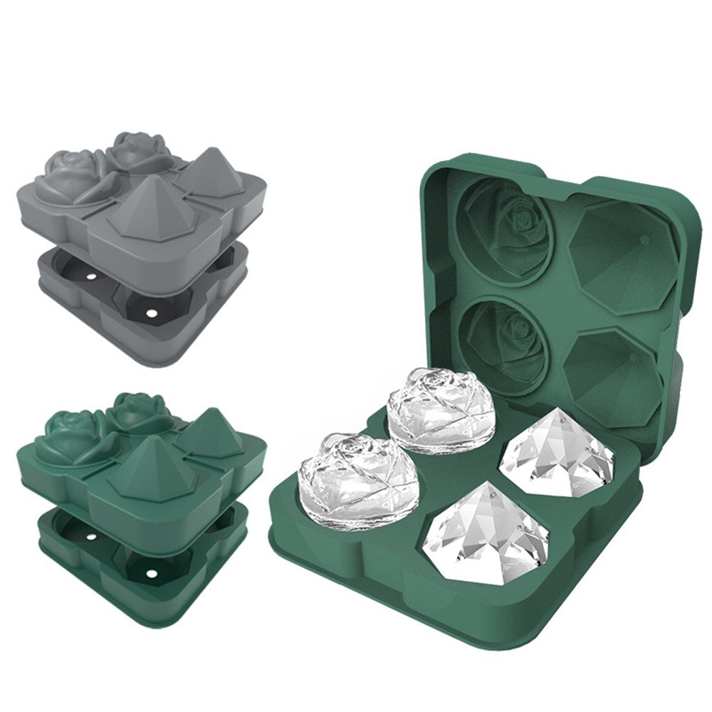 Rose and Diamond Shape Ice Cube Maker 4-grid Silicone Mold Tray for Chilling Cocktails Whiskey (No FDA Certificate)