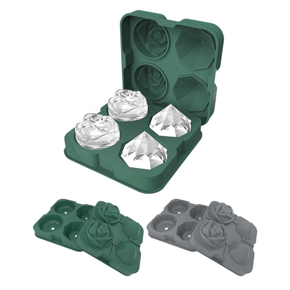 Rose and Diamond Shape Ice Cube Maker 4-grid Silicone Mold Tray for Chilling Cocktails Whiskey (No FDA Certificate)