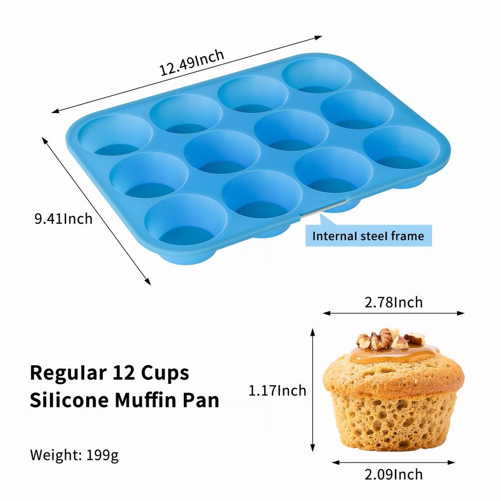 12 Cups Silicone Muffin Pan with Steel Frame Baking Mold for Cupcakes Muffins Puddings (FDA Certificated)
