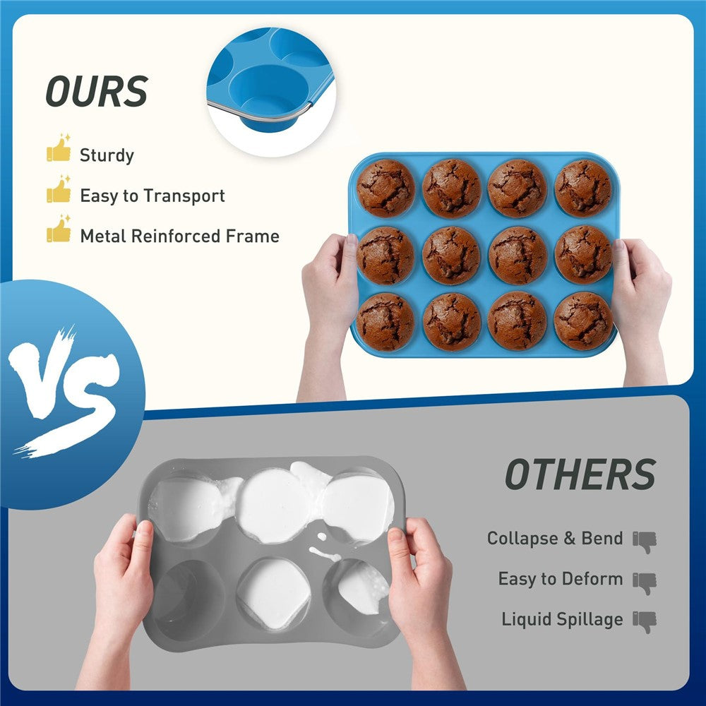 12 Cups Silicone Muffin Pan with Steel Frame Baking Mold for Cupcakes Muffins Puddings (FDA Certificated)