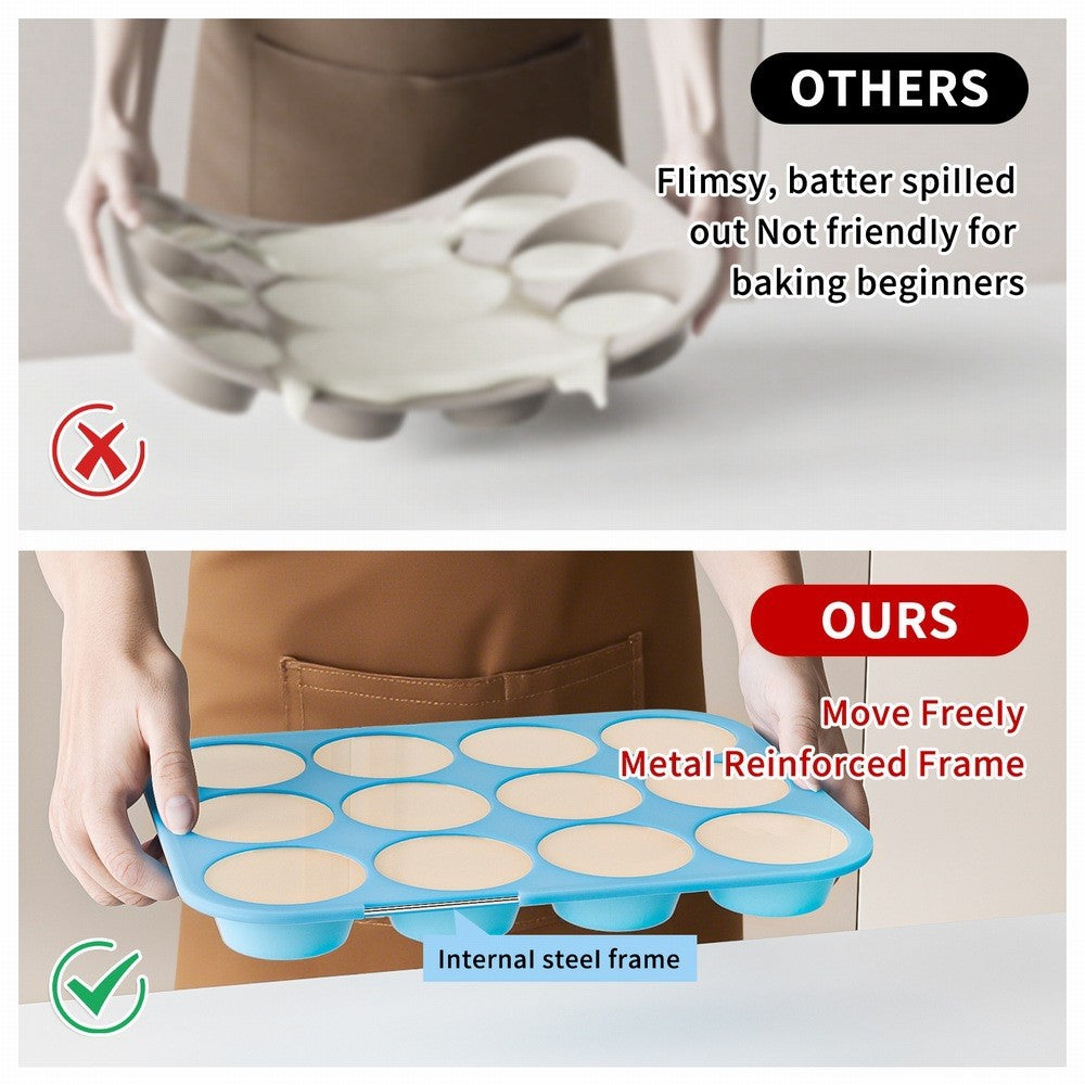 12 Cups Silicone Muffin Pan with Steel Frame Baking Mold for Cupcakes Muffins Puddings (FDA Certificated)