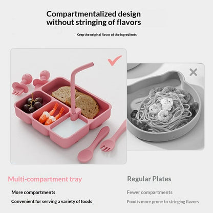 4 Compartments Silicone Baby Plate with Suction Cup Base Anti-Slip 220°C Heat Resistant Baby Dishes with Lid (BPA Free, No FDA)