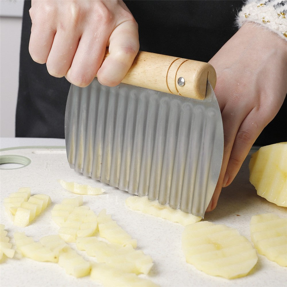 Wavy Blade French Fry Cutter Stainless Steel Potato Crinkle Cutter with Wooden Handle (BPA Free, No FDA)