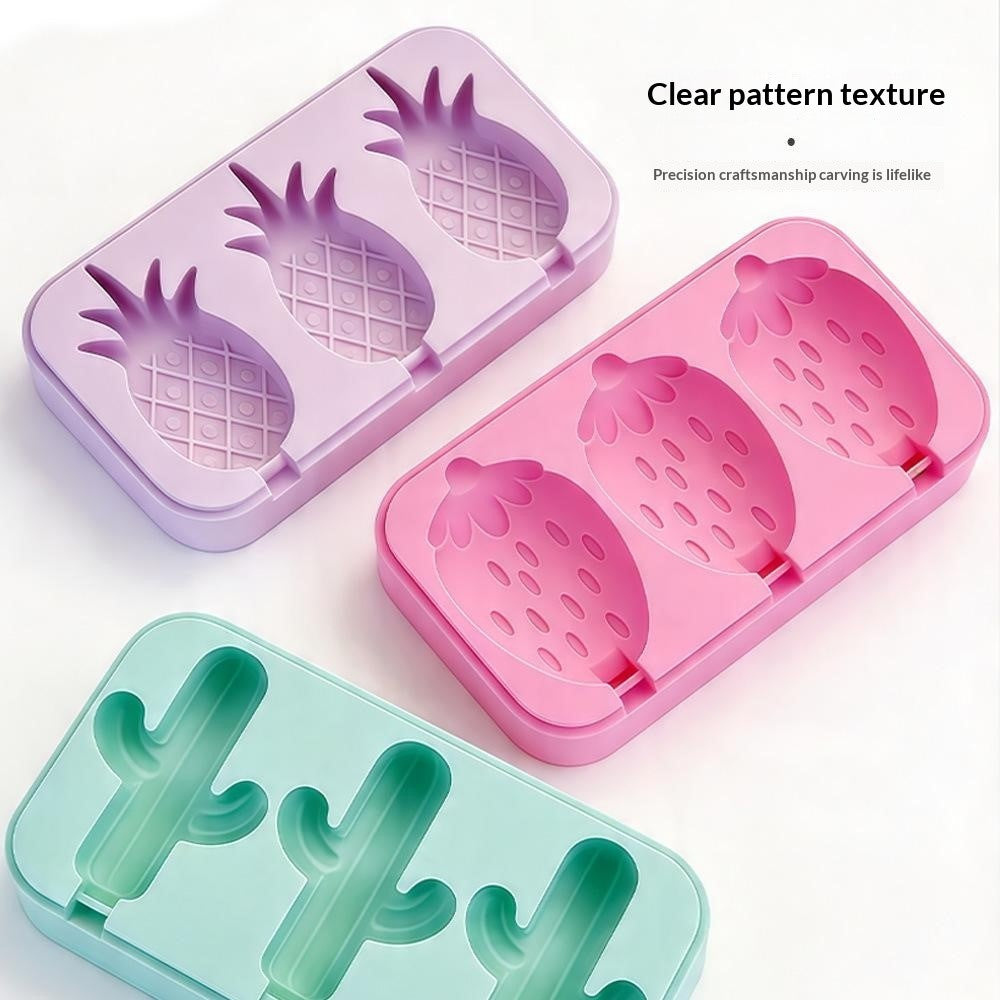 Silicone Ice Cream Popsicle Molds 3-Cavity Fruit-Shaped DIY Frozen Treats Maker with Lid (No FDA, BPA Free)