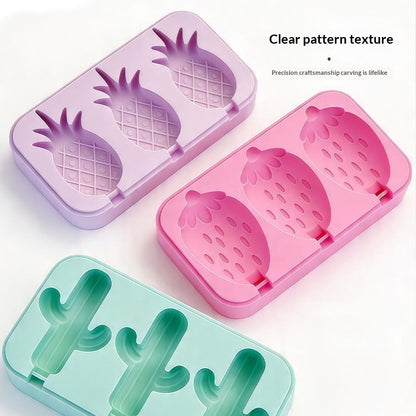 Silicone Ice Cream Popsicle Molds 3-Cavity Fruit-Shaped DIY Frozen Treats Maker with Lid (No FDA, BPA Free)