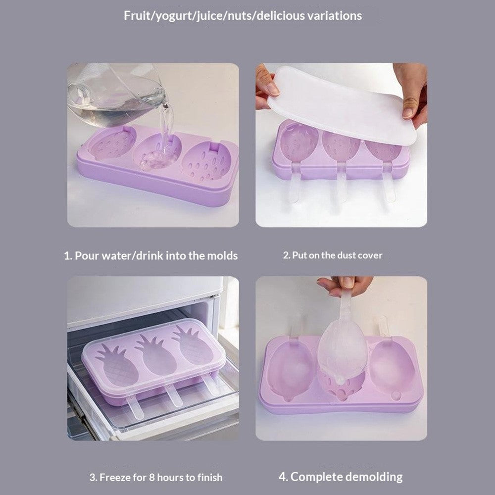 Silicone Ice Cream Popsicle Molds 3-Cavity Fruit-Shaped DIY Frozen Treats Maker with Lid (No FDA, BPA Free)