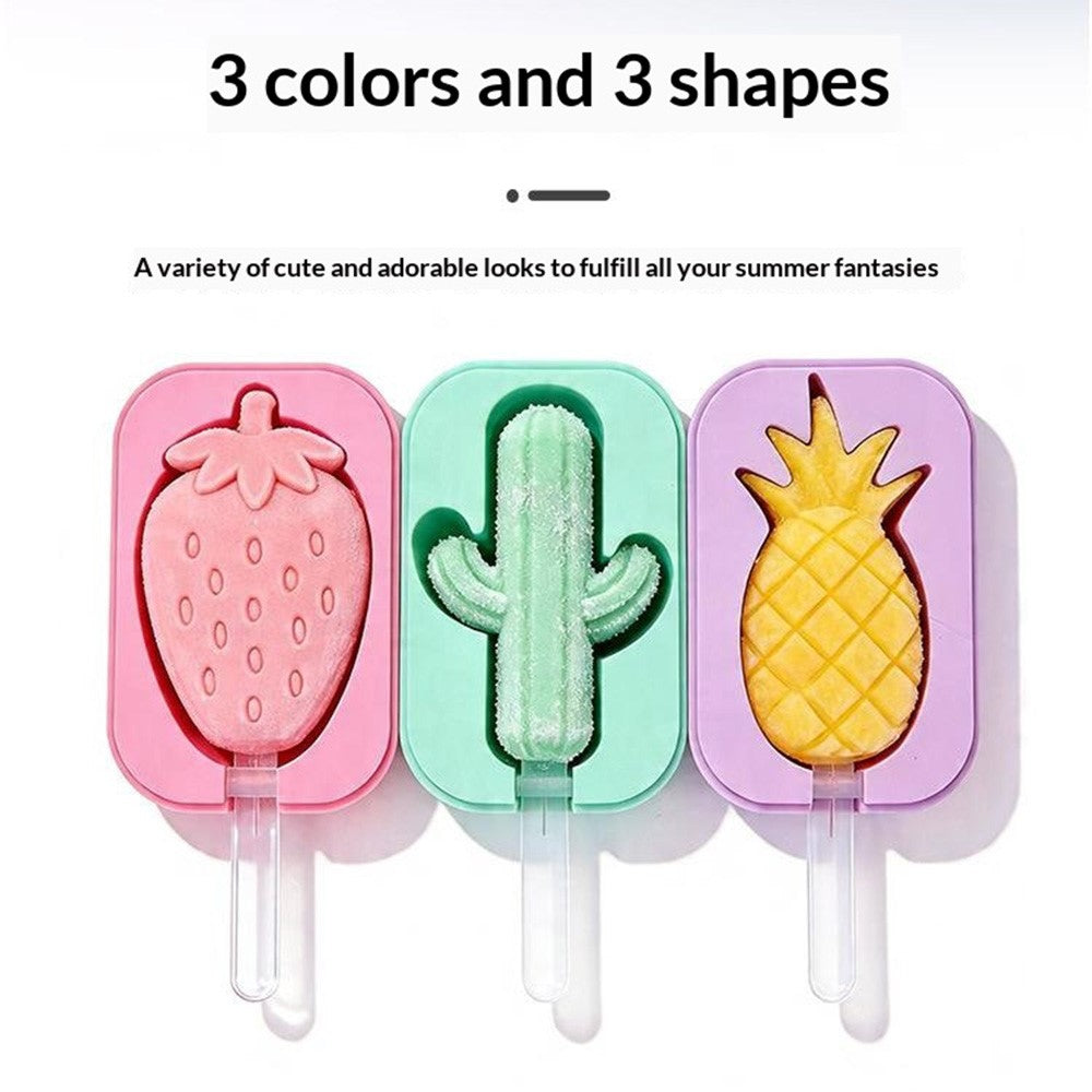 Silicone Ice Cream Popsicle Molds 3-Cavity Fruit-Shaped DIY Frozen Treats Maker with Lid (No FDA, BPA Free)