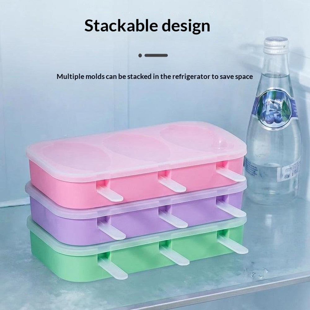 Silicone Ice Cream Popsicle Molds 3-Cavity Fruit-Shaped DIY Frozen Treats Maker with Lid (No FDA, BPA Free)