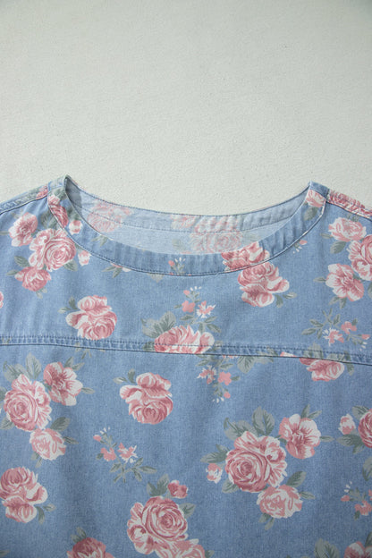 Floral Denim Short Sleeve Top & Loose Shorts Set
