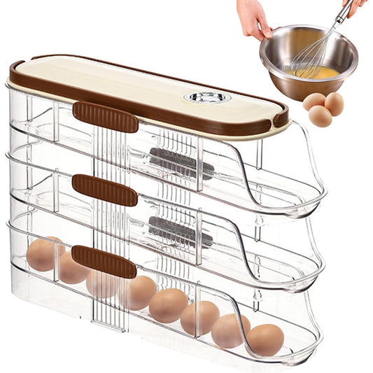 3-Tier Single Row Auto Rolling Egg Storage Container Plastic Stackable Refrigerator Eggs Organizer Box