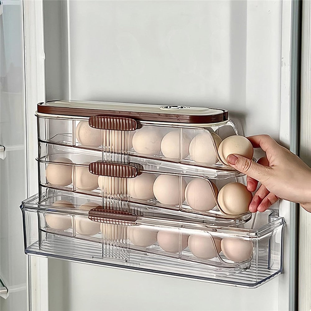 3-Tier Single Row Auto Rolling Egg Storage Container Plastic Stackable Refrigerator Eggs Organizer Box