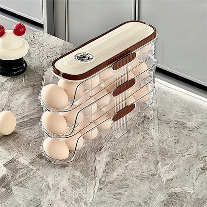 3-Tier Single Row Auto Rolling Egg Storage Container Plastic Stackable Refrigerator Eggs Organizer Box