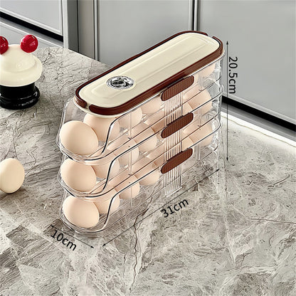 3-Tier Single Row Auto Rolling Egg Storage Container Plastic Stackable Refrigerator Eggs Organizer Box