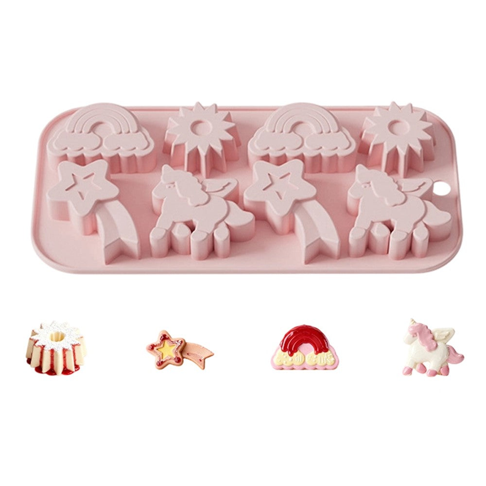 JSC4617 8-Grid Rainbow Unicorn Sun Star Food Grade Silicone Chocolate Baking Mold Non-Stick Easy Release Cake Making Mold (BPA-Free, No FDA Certified)