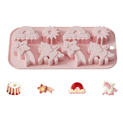 JSC4617 8-Grid Rainbow Unicorn Sun Star Food Grade Silicone Chocolate Baking Mold Non-Stick Easy Release Cake Making Mold (BPA-Free, No FDA Certified)