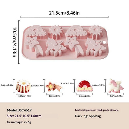 JSC4617 8-Grid Rainbow Unicorn Sun Star Food Grade Silicone Chocolate Baking Mold Non-Stick Easy Release Cake Making Mold (BPA-Free, No FDA Certified)