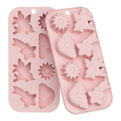 JSC4617 8-Grid Rainbow Unicorn Sun Star Food Grade Silicone Chocolate Baking Mold Non-Stick Easy Release Cake Making Mold (BPA-Free, No FDA Certified)