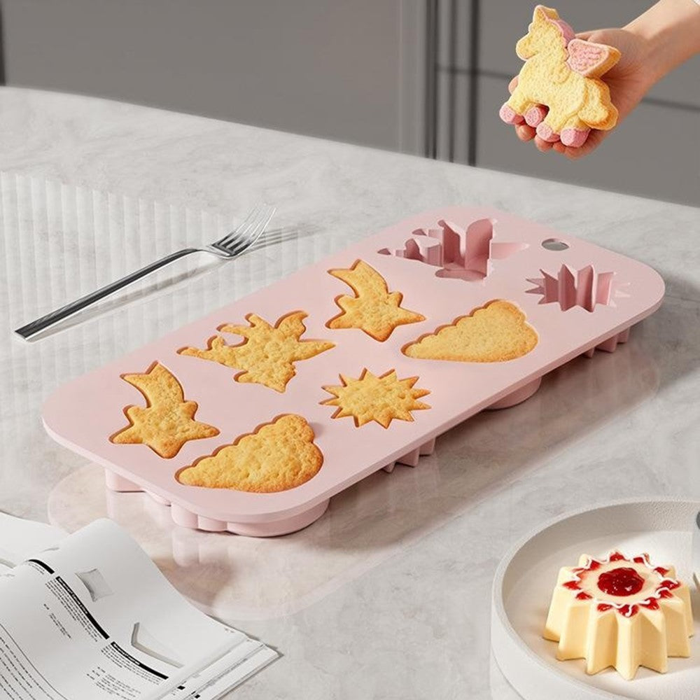 JSC4617 8-Grid Rainbow Unicorn Sun Star Food Grade Silicone Chocolate Baking Mold Non-Stick Easy Release Cake Making Mold (BPA-Free, No FDA Certified)