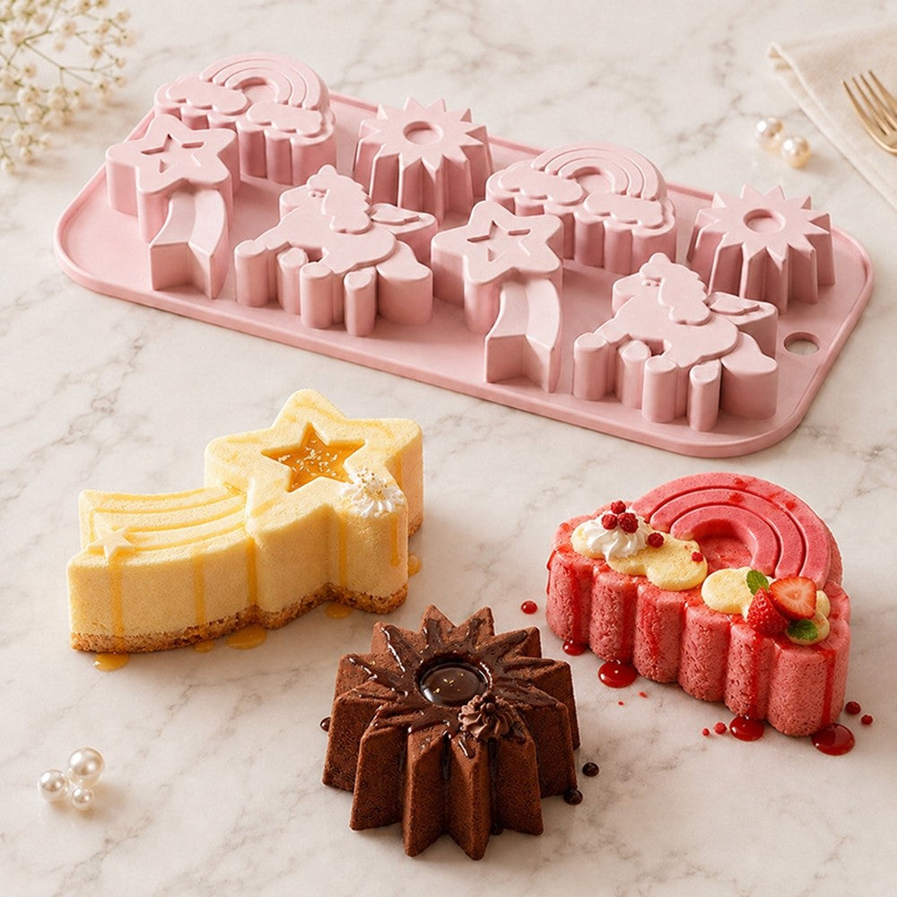JSC4617 8-Grid Rainbow Unicorn Sun Star Food Grade Silicone Chocolate Baking Mold Non-Stick Easy Release Cake Making Mold (BPA-Free, No FDA Certified)