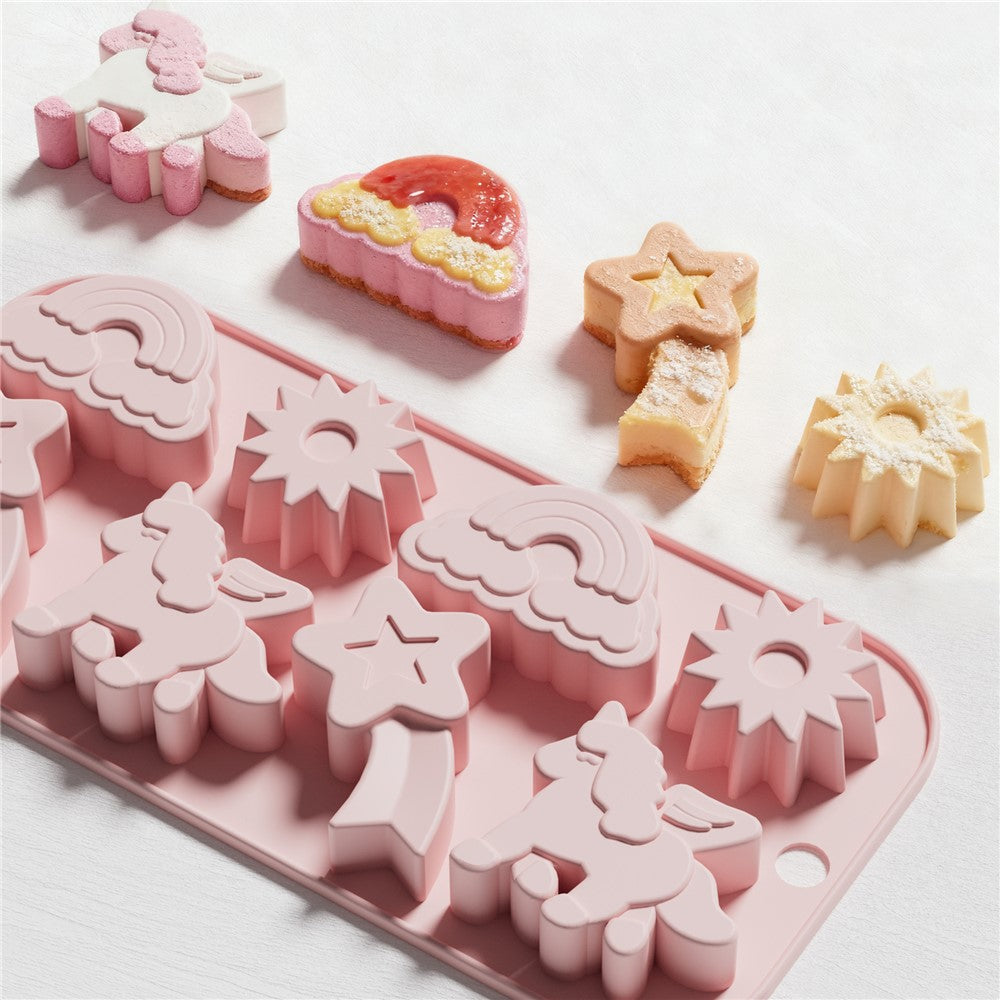JSC4617 8-Grid Rainbow Unicorn Sun Star Food Grade Silicone Chocolate Baking Mold Non-Stick Easy Release Cake Making Mold (BPA-Free, No FDA Certified)