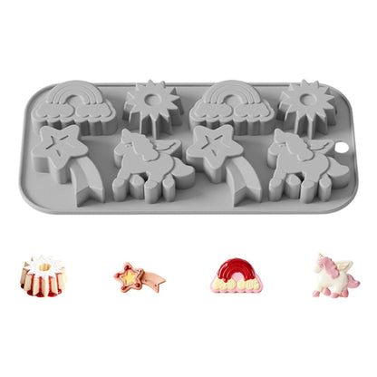 JSC4617 8-Grid Rainbow Unicorn Sun Star Food Grade Silicone Chocolate Baking Mold Non-Stick Easy Release Cake Making Mold (BPA-Free, No FDA Certified)