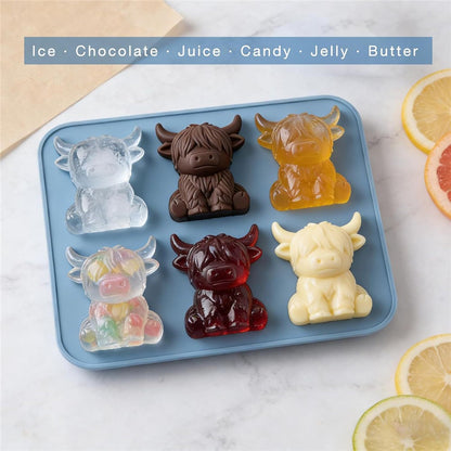 6-Grid Highland Cow Ice Cube Tray 3D Food Grade Silicone Mold for Chocolate Candy Jelly (BPA Free, No FDA)