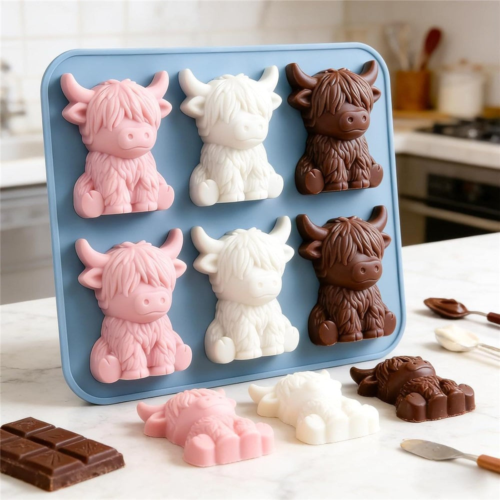 6-Grid Highland Cow Ice Cube Tray 3D Food Grade Silicone Mold for Chocolate Candy Jelly (BPA Free, No FDA)