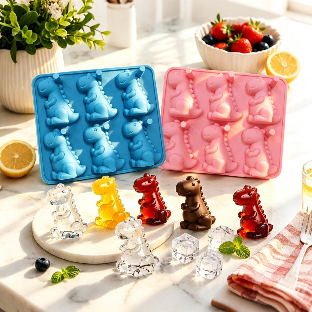 6-Grid 3D Dinosaur Ice Cube Mold Food Grade Silicone Flexible Tray for Chocolate Jelly Baking (BPA Free, No FDA)