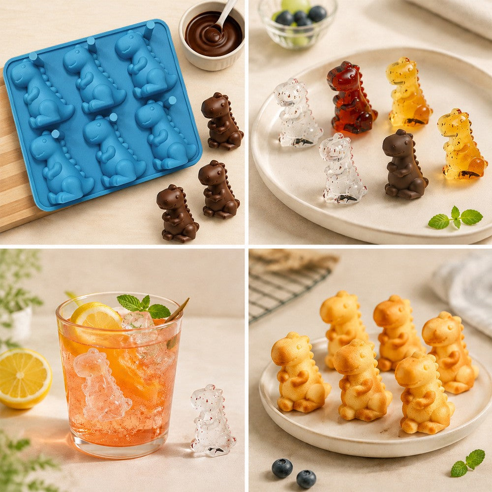 6-Grid 3D Dinosaur Ice Cube Mold Food Grade Silicone Flexible Tray for Chocolate Jelly Baking (BPA Free, No FDA)
