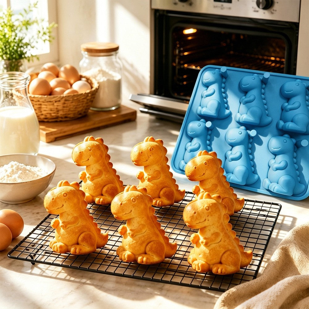 6-Grid 3D Dinosaur Ice Cube Mold Food Grade Silicone Flexible Tray for Chocolate Jelly Baking (BPA Free, No FDA)
