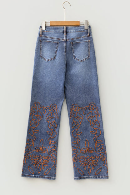 Denim Embroidered Flare Leg Jeans w/ Pockets