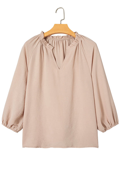 Solid Gathered Cuff 3/4 Sleeve V-Neck Blouse