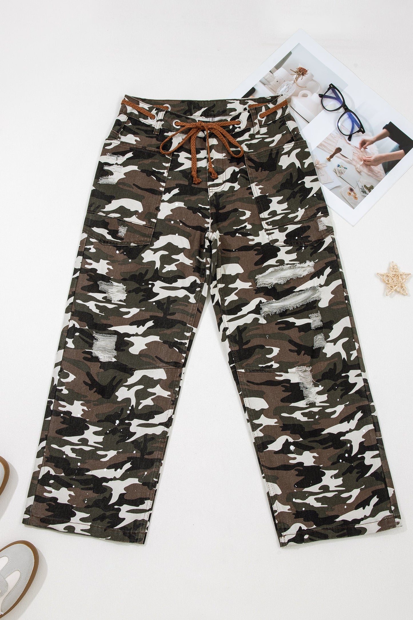Camo Splatter Distressed Tie Waist Denim Pants