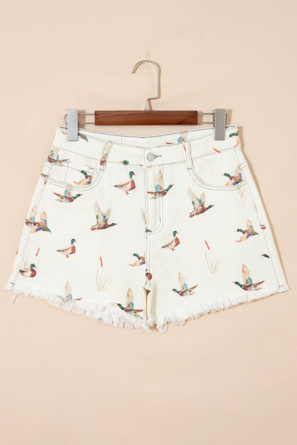 Mallard Duck Denim High Waist Frayed Shorts