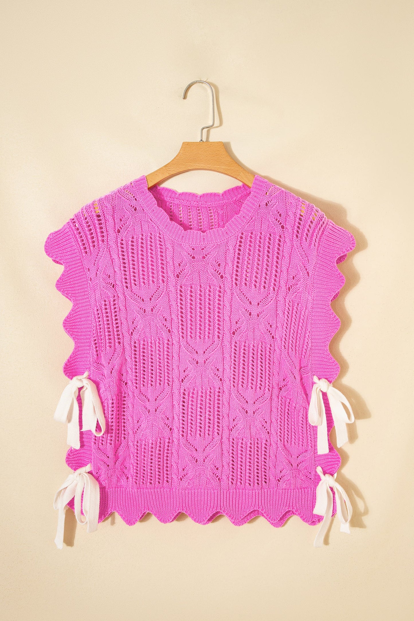 Pointelle Knit Scallop Trim Short Sleeve Sweater