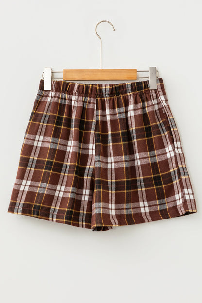 Plaid Button Front Elastic Waist Shorts