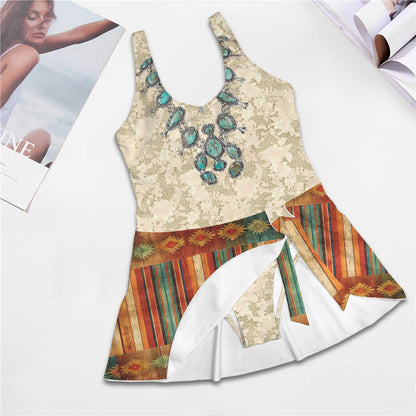 Rustic Serape & Lace Squash Blossom Necklace One Piece Skirted Swimsuit