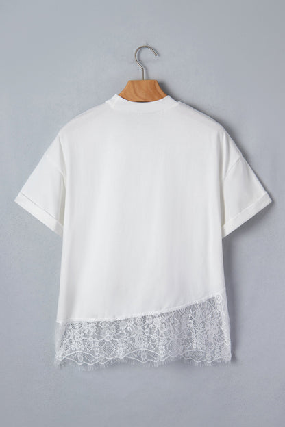 Solid Asymmetric Lace Hem Patchwork T-Shirt