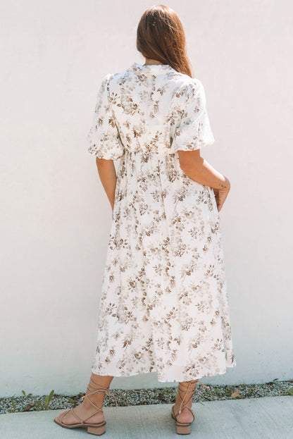 Floral Puff Sleeve V-Neck Buttoned Front Dress
