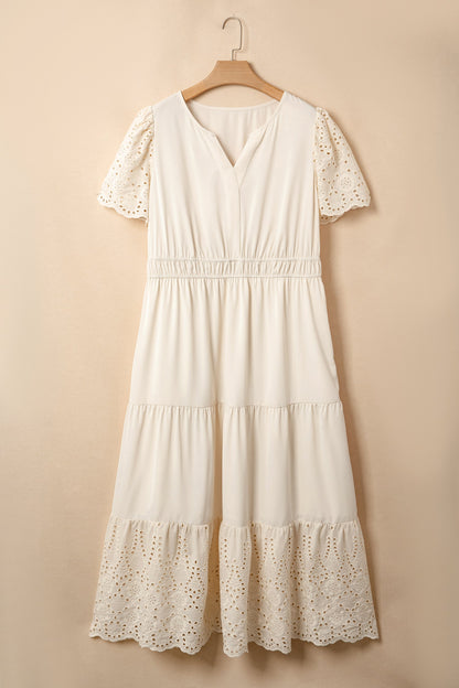 Plus Size Embroidered Eyelet Patchwork V-Neck Maxi Dress